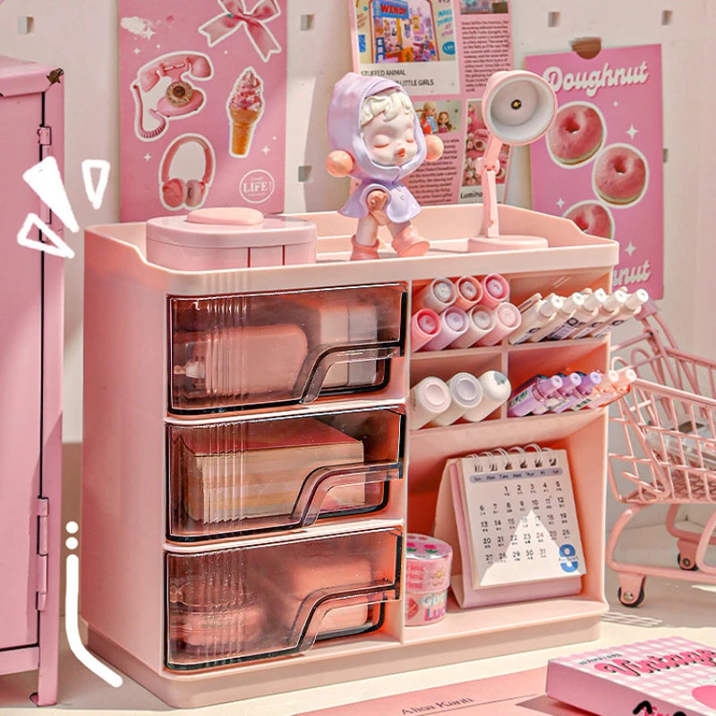 Cute Stationery Storage Box Organizer Multi-funct Desktop Drawer Oblique Pen Holder Office Organization Dust-proof Storage Rack