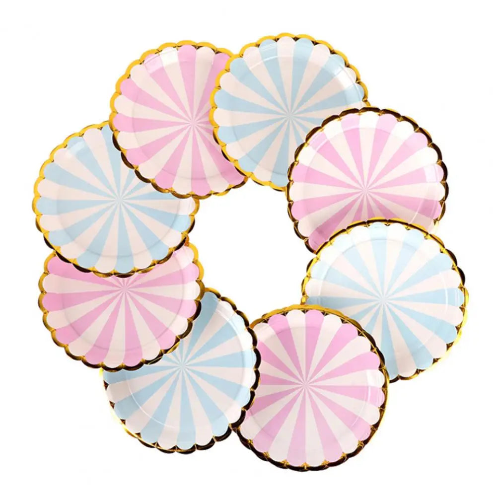 10Pcs 7/9 Inch Paper Plates Anti-skid Thick Gilding Stripe Paper Dishes Round Cake Dessert Snack Tray Favors Supplies for Party