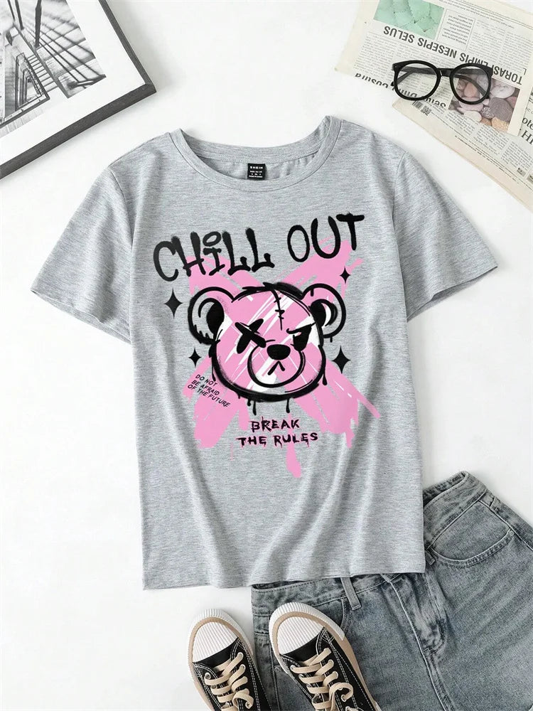 Cartoon Letter Bear Print Tshirt Women's Casual Simple Short Sleeve Round Neck T-Shirt Oversized Loose Cotton Tops Women Tshirt