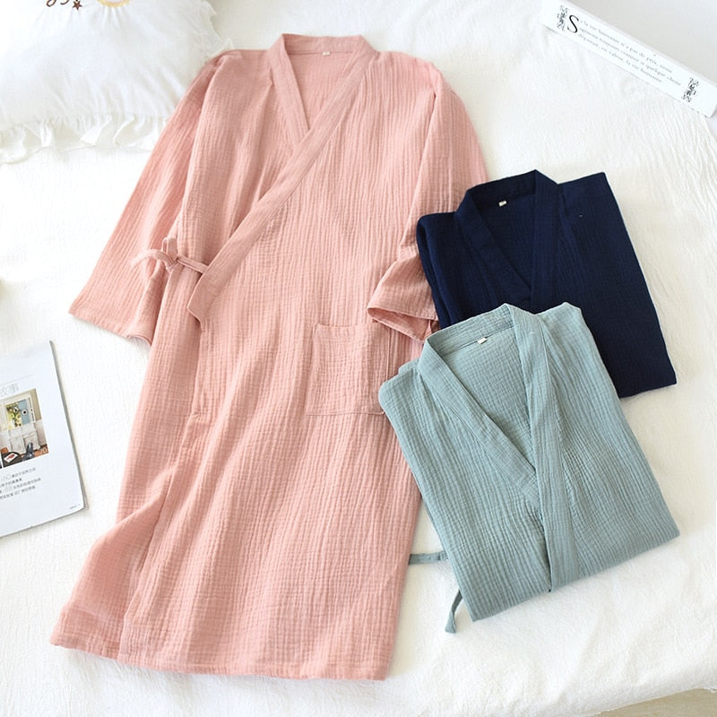 spring and summer new 100% cotton crepe ladies thin nightgown men bathrobe robe home service pajamas