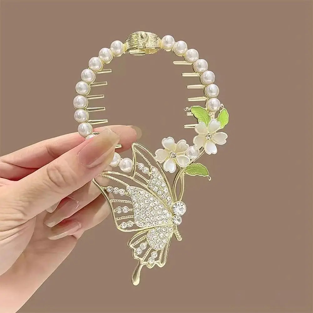 Elegant Retro Meatball Hair Clasp Clip Floristic Pearl Chain Tassels Hair Claw Ponytail Hairpins Women