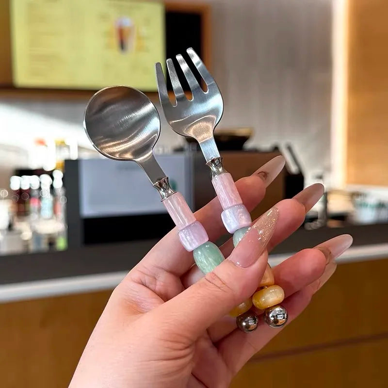 Delicate Colored Candy Bead Spoon Coffee Bean Scoop Small Luxury Twisted Spoon Stainless Steel Handmade Strust B82