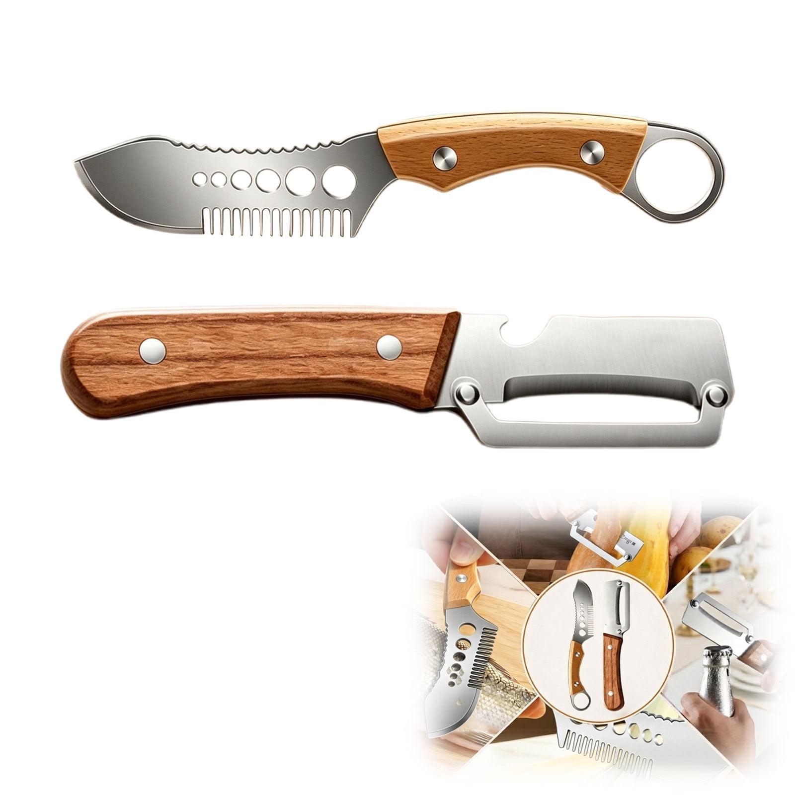 Multi-Functional Vegetable Peeler, Stainless Steel Blade with Wooden Handle, Fish Scaler, 3-in-1 Fruit Peeler with Bottle Opener & Grater