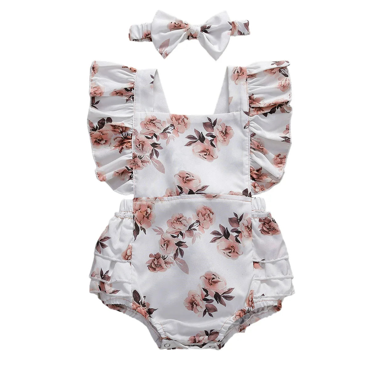 2020 Baby Summer Clothing Infant Newborn Baby Girl Floral Romper Sleeveless Ruffled Jumpsuits With Headband