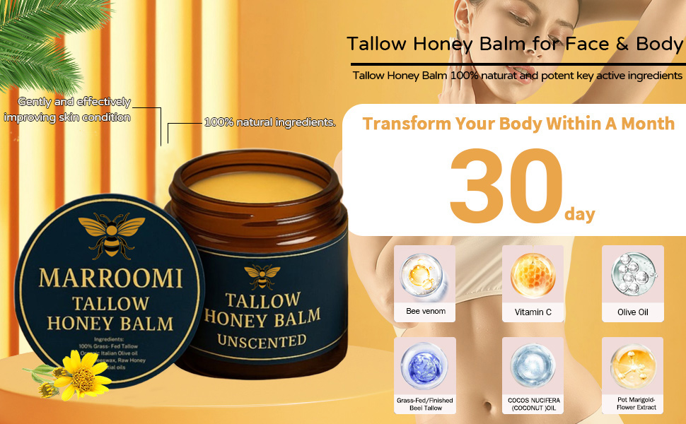 Marroomi Tallow Honey Balm, Natural Nourishment Duo, Beef Tallow for Skin, Organic Grass-Fed Beef Tallow-Balm, Soothing Moisturizing for All Skin Types