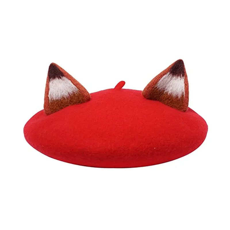 Women Winter Nick Fox Ear Beret Handmade Adult Size Hat Vintage Painter Wool Cap Gift High Quality Wholesale