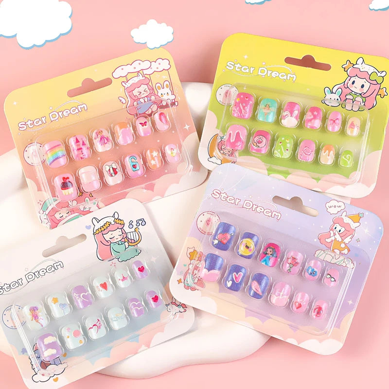 12pcs/Box Children Acrylic Fake Nails Safe Non-Toxic Adhesive Fake Nail DIY Artificial Fingernails for Girls Children's Day Gift