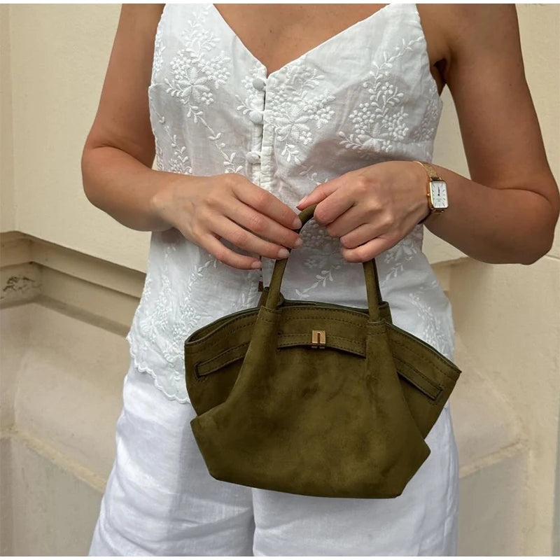 New Green Versatile Suede Tote Bag Brand Design Belt Buckle Casual Frosted Bat Bag Fashion Handbag Brown Crossbody Bag