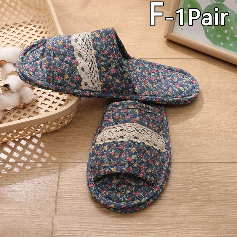 Women Indoor Cotton Slippers Japanese Floral Bedroom Carpet Slippers Soft Toe Sole Slippers Non-Slip Home Bedroom Slippers