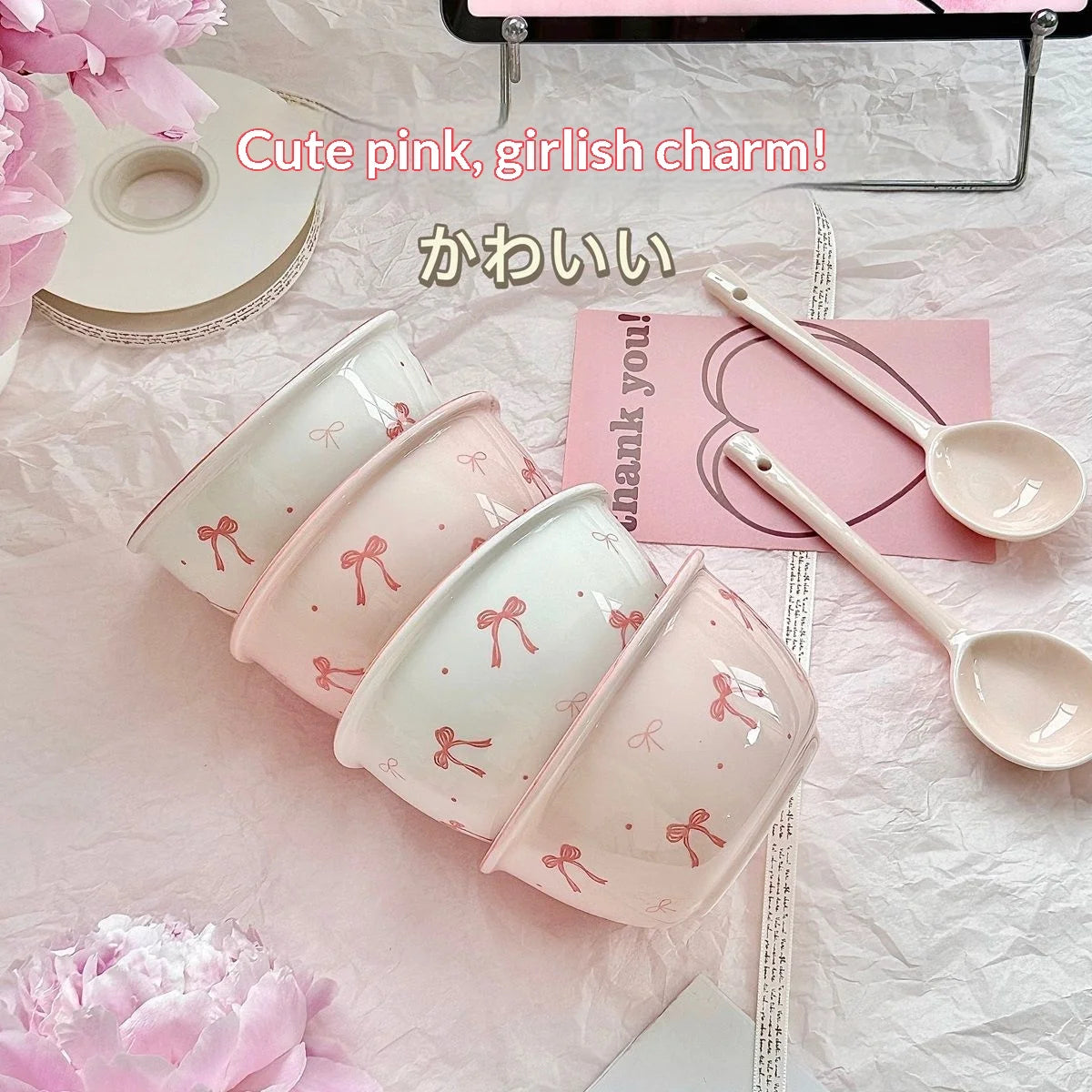 Aesthetic Bow Design Ceramic Tableware Set - Ruffled Edge Bowls & Plates with Underglaze Color Dessert Set Cute Dinnerware