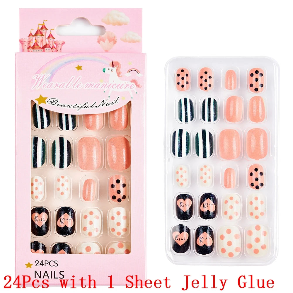 12pcs/Box Children Acrylic Fake Nails Safe Non-Toxic Adhesive Fake Nail DIY Artificial Fingernails for Girls Children's Day Gift