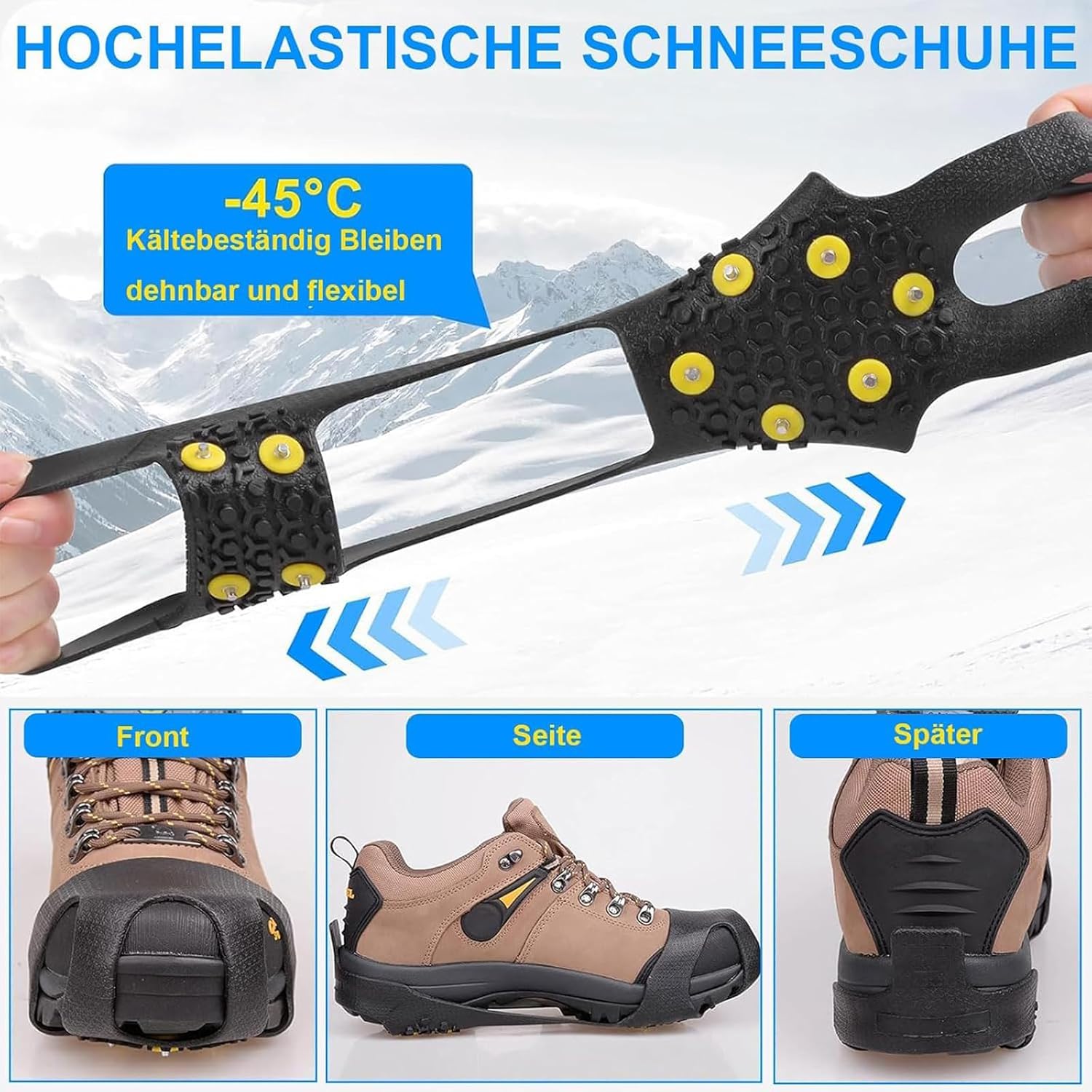 Spikes für Schuhe Winter mit 10 Anti Rutsch Spikes, 2026 Neu Schneeketten für Schuhe, Geeignet Zum Wandern, Wandern, Eisfischen, Schnee, EIS Usw. Winterliche Outdoor AktivitäTen