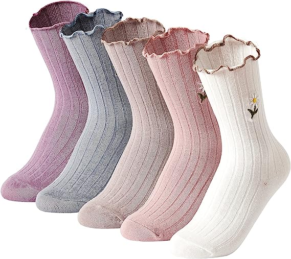 Womens Ruffle Socks High Ankle Casual Knit Dress Sock Fashion Women Princess Socks Cute Embroidery 5 Pairs