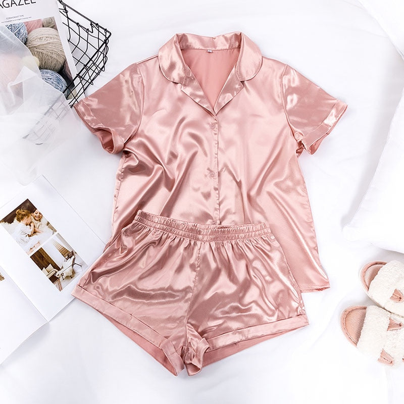 Solid Satin Sleepwear Silk Pajamas Set Top And Shorts Two Piece Set Pyjamas Women Pajama Short Sleeve Home Suit Casual