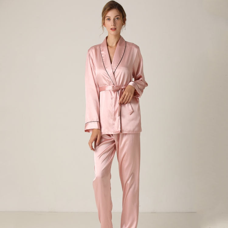 Silk Long Sleeve Trousers Lapel High Archives Pajamas With Belt Solid Color Nightwear