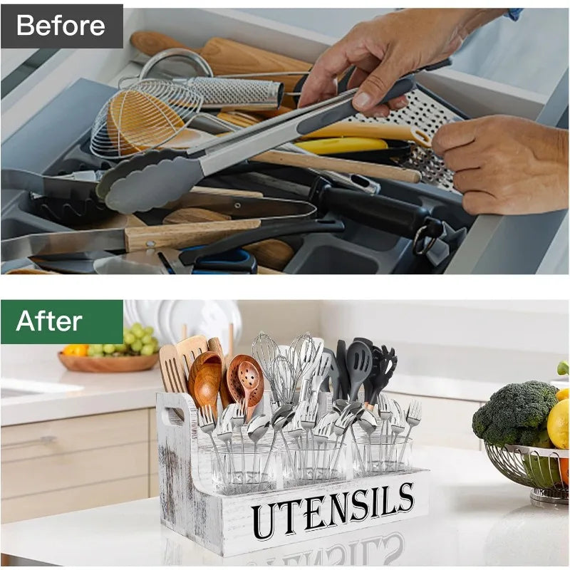 Rural White Wooden Cutlery Storage Box, Kitchen Countertop Cooking Utensil Seasoning Storage Box  Kitchen Storage Container