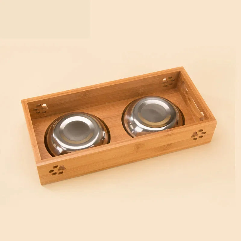 Pet Dog Cat Bowl Ceramic Bowl Bamboo Wooden Table Into A Kitten Skid Resistant Double Bowl Small Dog Food Bowl