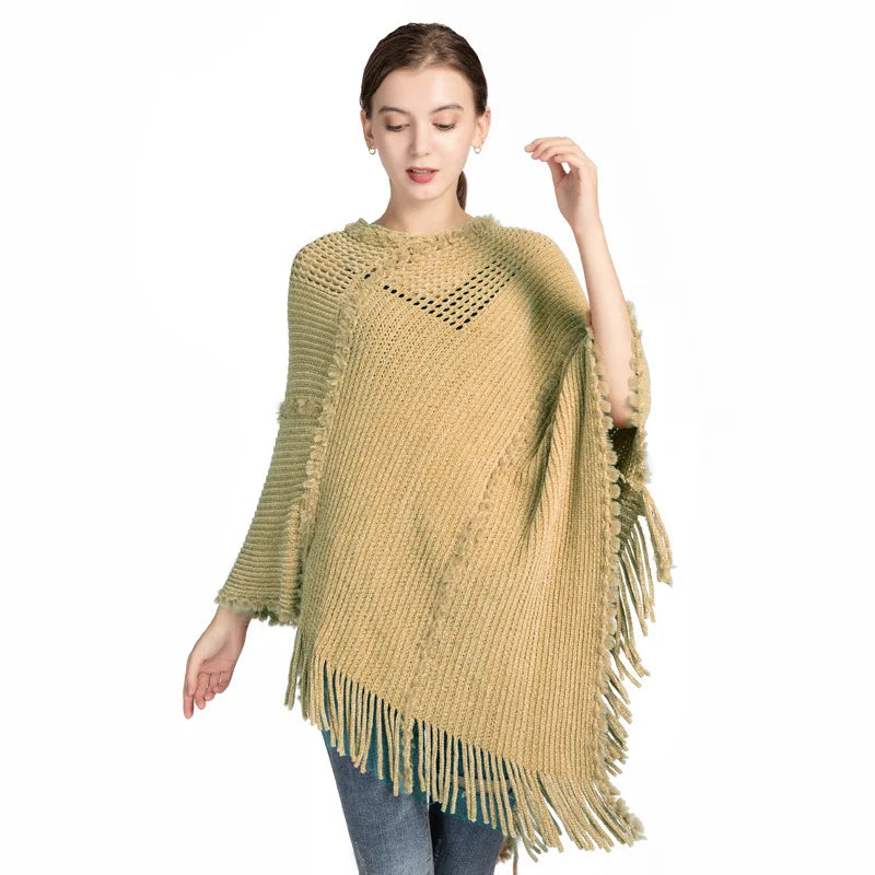 Poncho Tassel Knitted Shawl Women's Autumn and Winter New Chenille Imitation Cashmere Pullover Cape Cloaks Lady Capes Gray