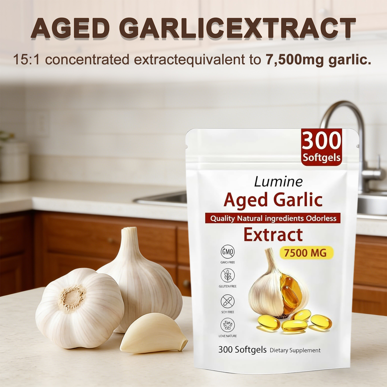 Lumine Organics Aged Garlic Extract Capsules 7500mg Odorless - 300 Count, 24 month Aged Garlic Extract Antioxidant Supplement,Vegetarian- 2026 New
