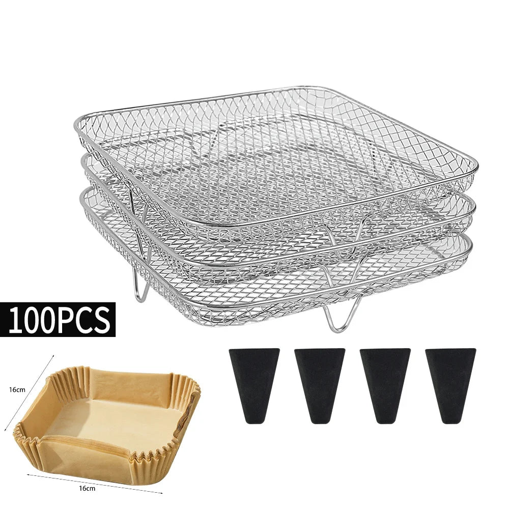 &3-layers Air Fryer Rack Stackable Grid Grilling Rack Stainless Steel Anti-corrosion for Home Kitchen Oven Steamer Cooker Gadgets