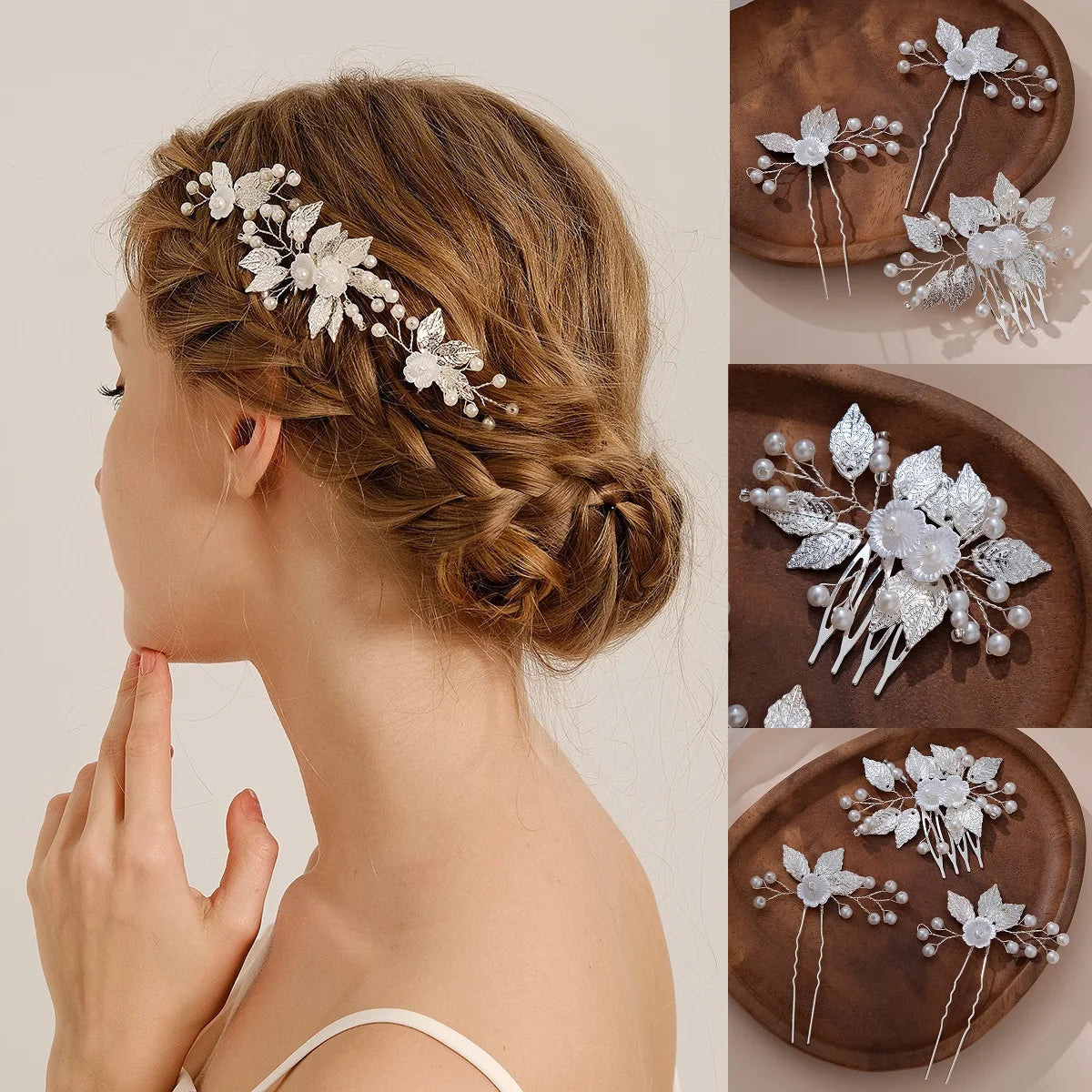 Pearl Flower Hairpin Side Comb Sets Wedding Hair Accessories Leaf Shaped Tiaras Bride Insert Hair Clip Jewelry Fashion Headwear