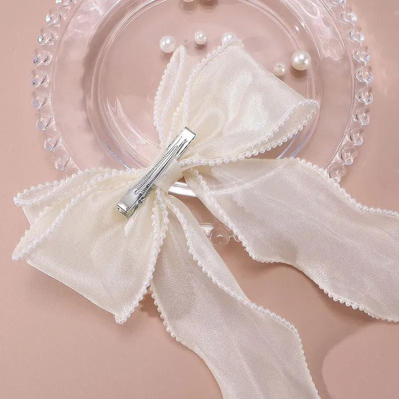 Large Silk Bow Hair Clip For Women Elegant Wedding Long Satin Pearl Hairpin Ponytail Hair Pin Barrette Fashion Hair Accessories