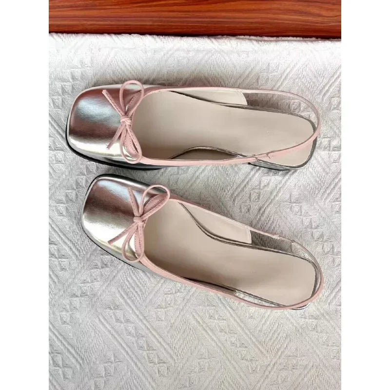 2023 Summer Women's Flats Sliver Boat Shoes Square Toe Slip on Flat Shoes for Woman Ballet Flats Comfortable Bow Women's Sandals