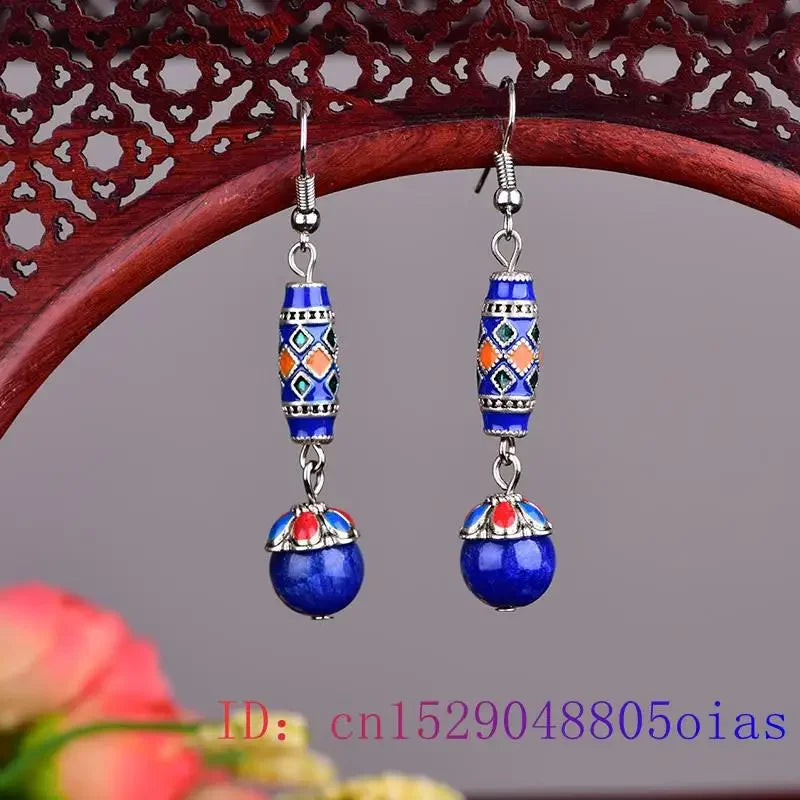 Blue Jade Beaded Earrings Chalcedony Fashion Gift Designer Women Drop Jewelry Talismans 925 Silver Gemstone Natural Carved