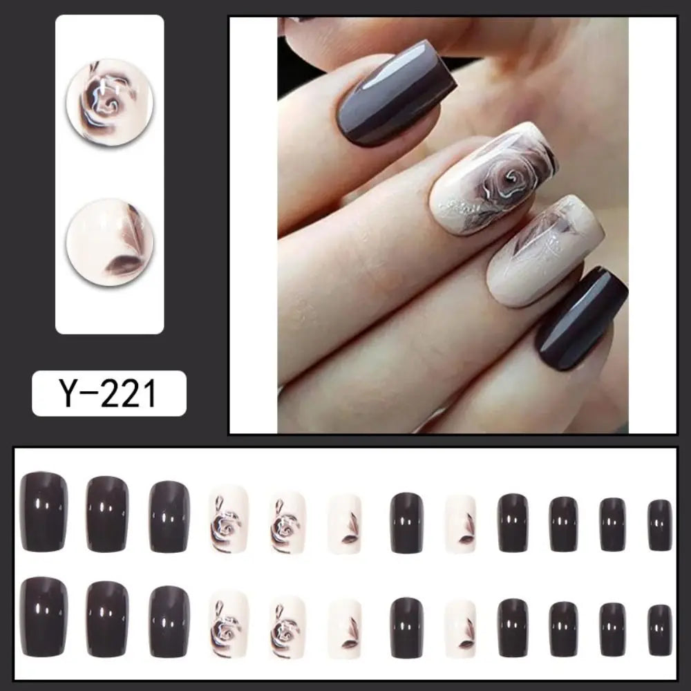 Fashion Wearable Manicure French Fake Nails Medium Length Faux Fingernails False Nail Square Head Full Cover Press on Nails Girl