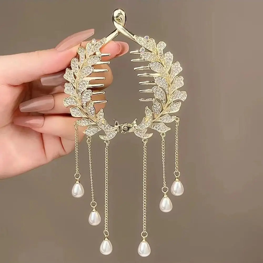 Elegant Retro Meatball Hair Clasp Clip Floristic Pearl Chain Tassels Hair Claw Ponytail Hairpins Women