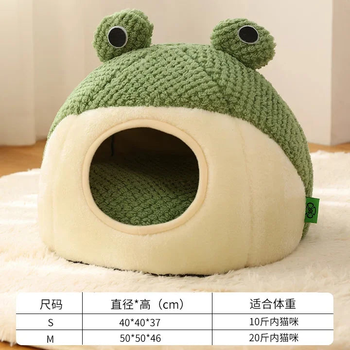 Plush Warm Green Cat Dog Beds Nesting Basket Frog Shape Cartoon Cat Kennel Beds Pet Accessories