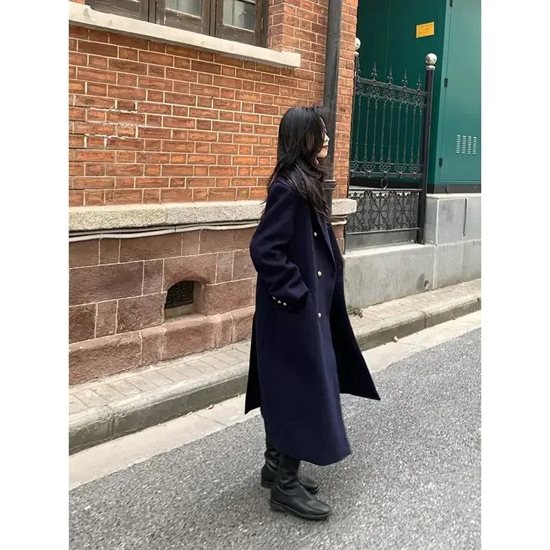 New British Style Navy Blue Woolen Coat Women Jackets Winter Clothes Double breasted Mid Length Wool Suit Jackets Women Clothing