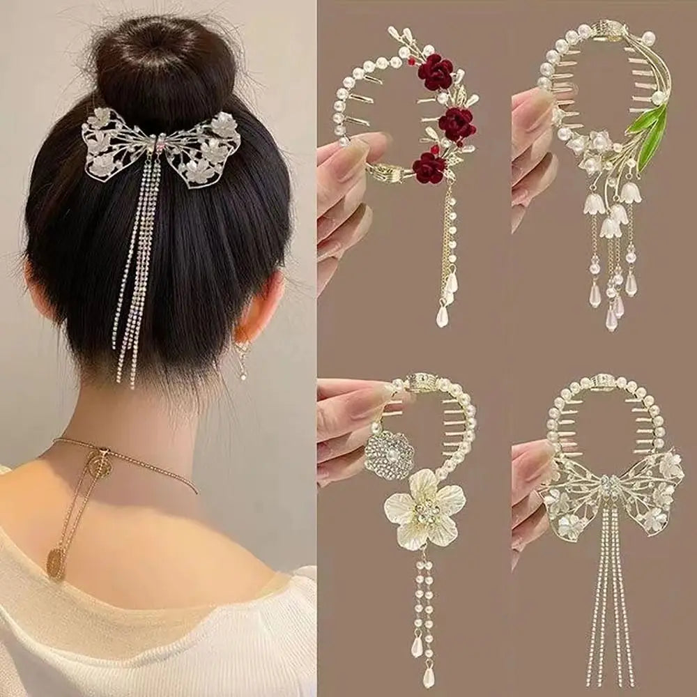 Elegant Retro Meatball Hair Clasp Clip Floristic Pearl Chain Tassels Hair Claw Ponytail Hairpins Women