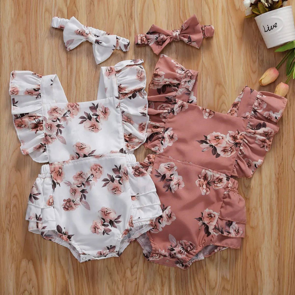 2020 Baby Summer Clothing Infant Newborn Baby Girl Floral Romper Sleeveless Ruffled Jumpsuits With Headband