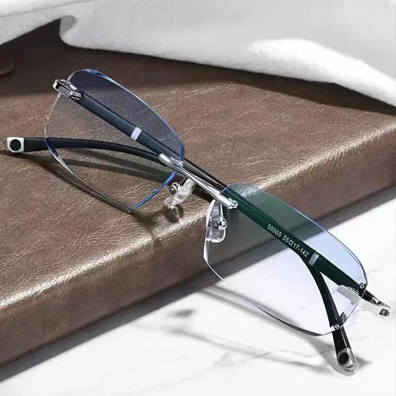 Luxury Diamond Cutting Photochromic Reading Glasses Men Business Rimless Eyeglasses Women Color Changing Presbyopia Eyewear