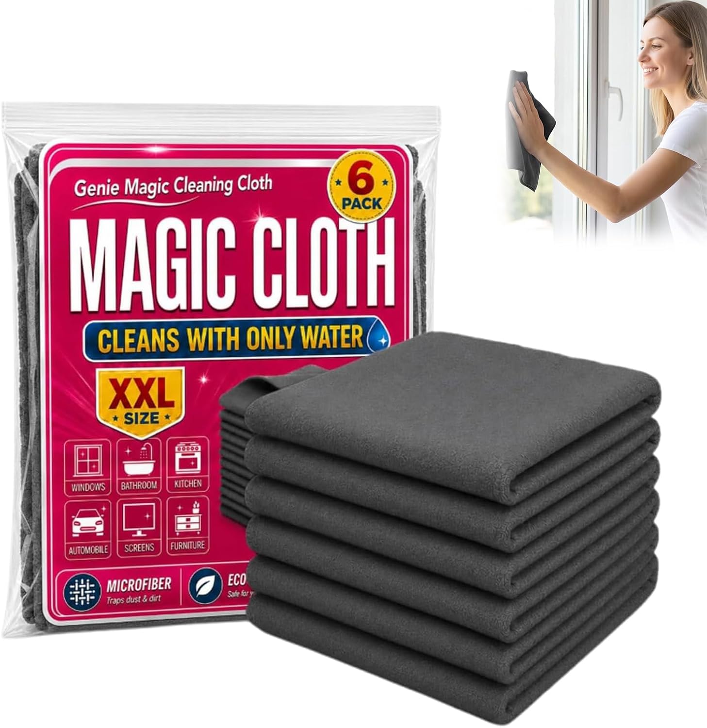 Genie Cloth Magic Cloth, Genie Magic Cleaning Cloth 6-Pack, Magic Cloths for Windows & Glass, Reusable, Suitable for Kitchens, Glass, and Car Windows