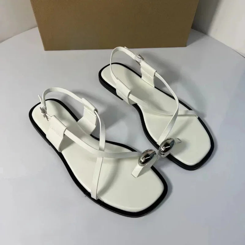 Summer Flat Sandals for Woman Fashion Metal Decoration Ladies Footwear Breathable Cross Strap Casual Clip Toe Beach Shoes