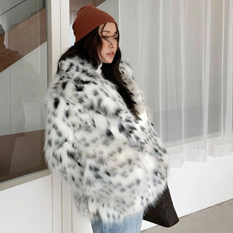 Fashion casual lady fur coat fox fur coat medium long suit collar leopard print fur fur coat Korean version of jacket