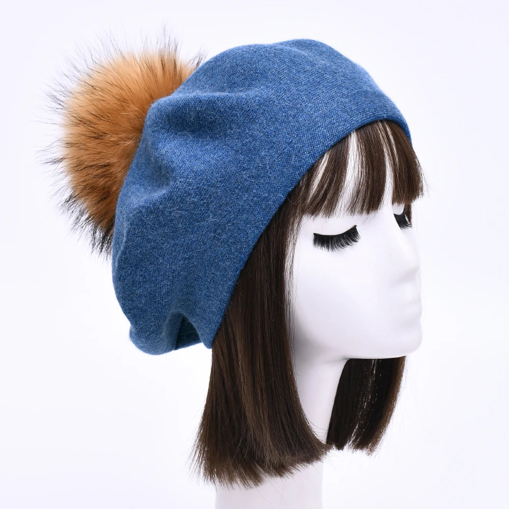 Jaxmonoy Winter Female Beret Women Hat Big Real Raccoon Fur Pompom Beret Wool Cashmere Natural Fur Ball Fashion Beret Cap Female