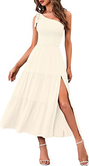2025 New Summer Fashion Women's One-shoulder Pleated Layered Hem Split Dress