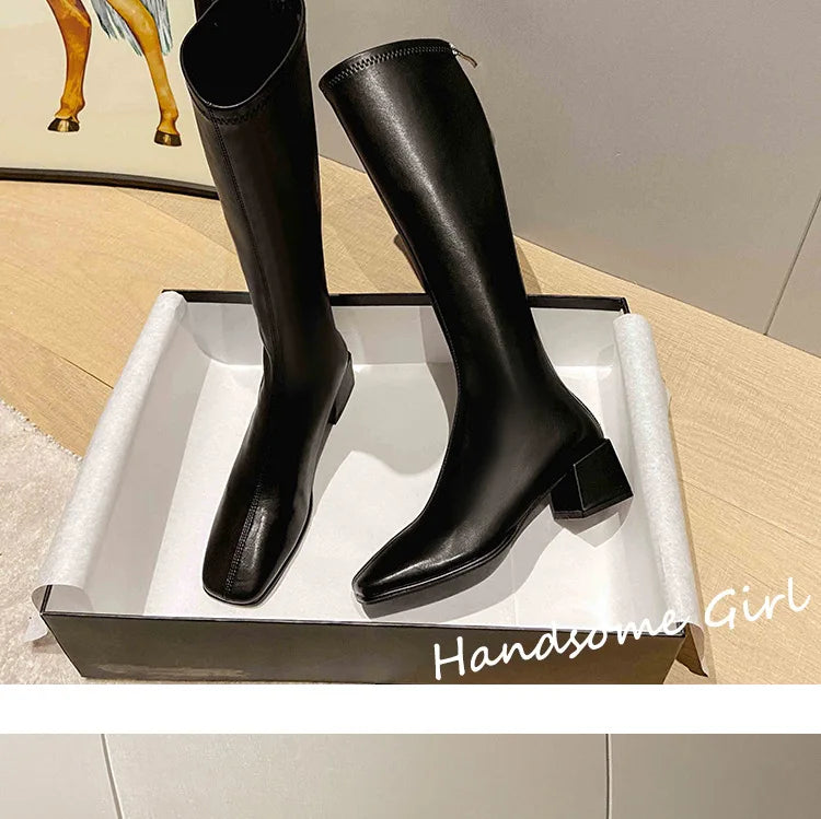 genuine leather long boots for women black/white leather winter plush knee high bottine femme square toe cowhide slim booties