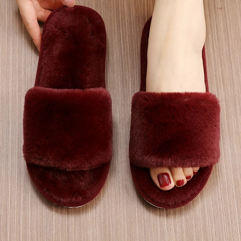 Winter Women Winter House Furry Slippers Non-Slip Casual Indoor Flats Floor Shoes Ladies Flip Flops Warm Shoes Solid Colors