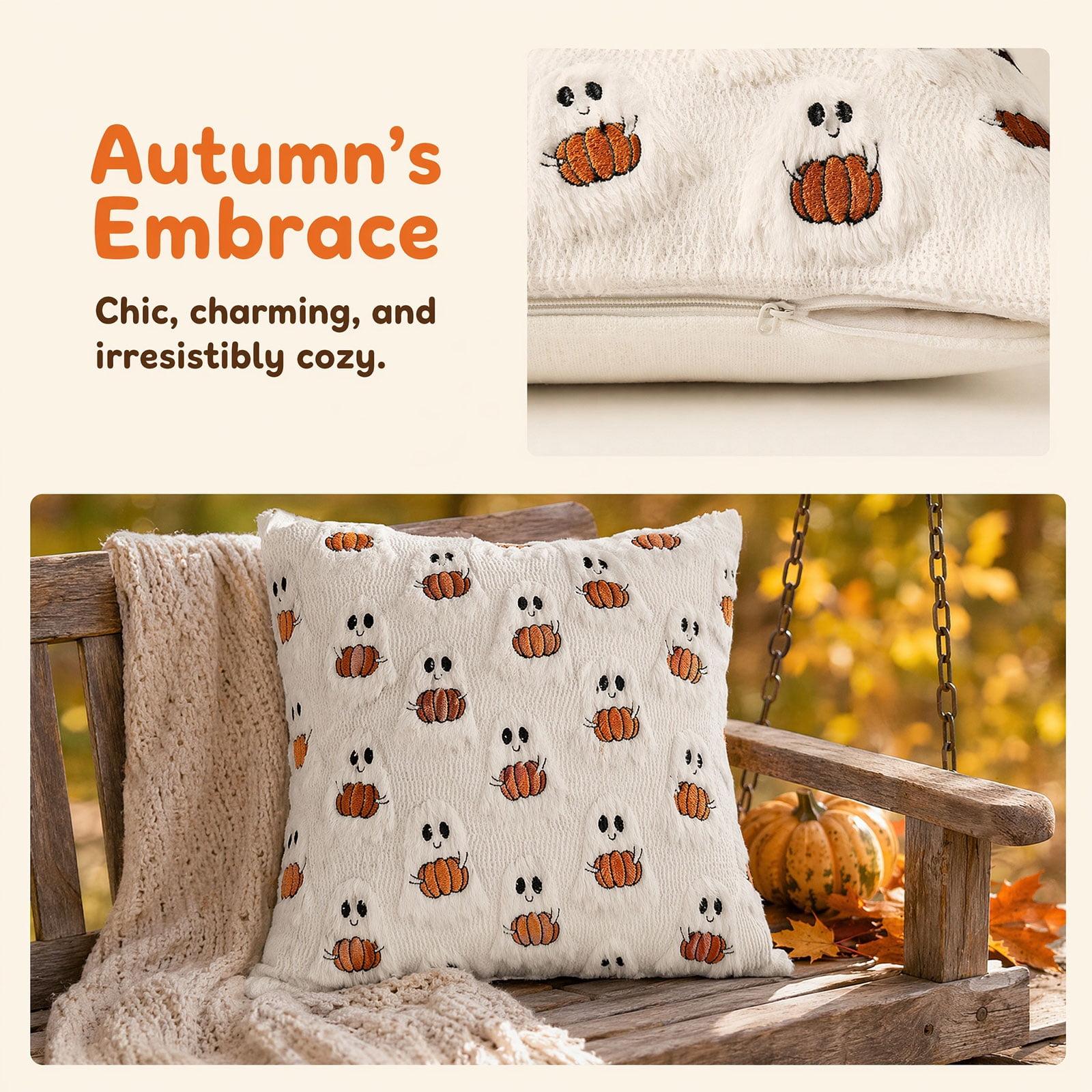 Halloween Throw Pillow Covers 18x18, Ivory Cute Ghost Hugging Pumpkin, Soft Plush for Spooky Season & Cozy Fall Decor.