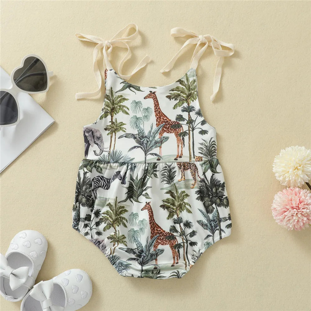 Baby Forest Animal Print Romper, Girls Sleeveless O-neck Short Sling Jumpsuit for Summer