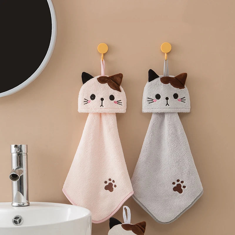 Hand Towel For Kids Absorbent Hanging Type Cat Embroidered Towelette Home Decora Coral Fleece Hand Towel Bathroom Supplies