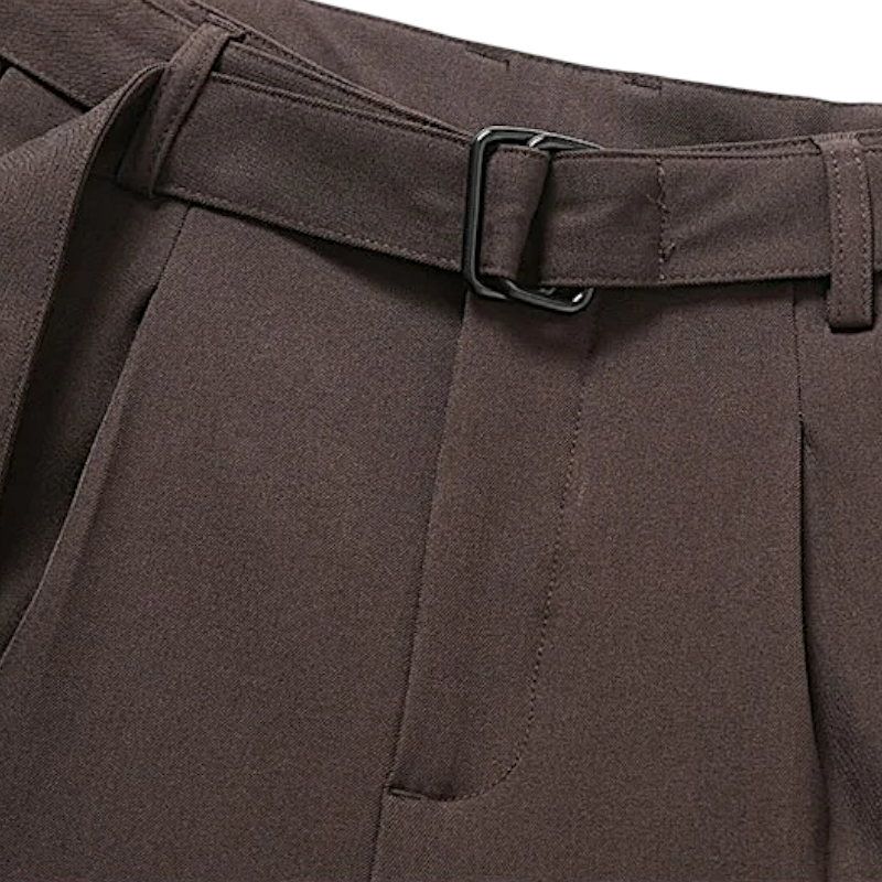 Pleated straight leg trousers with self belt
