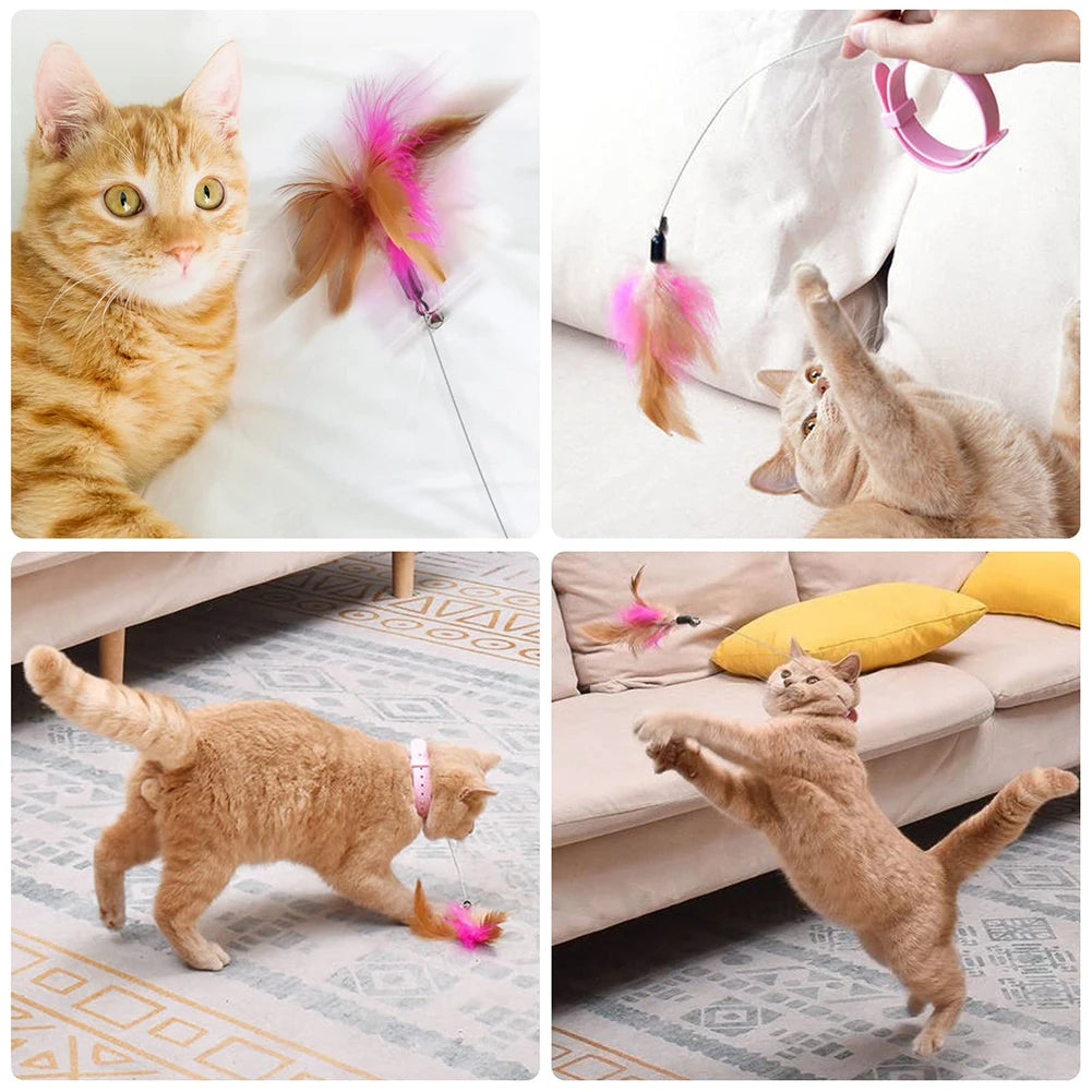 SWEETHOME PET Cat Teaser Stick Pet Collar With Bells Feather Bite-resistant Feather Fishing Rod For Indoor Cats SILICONE