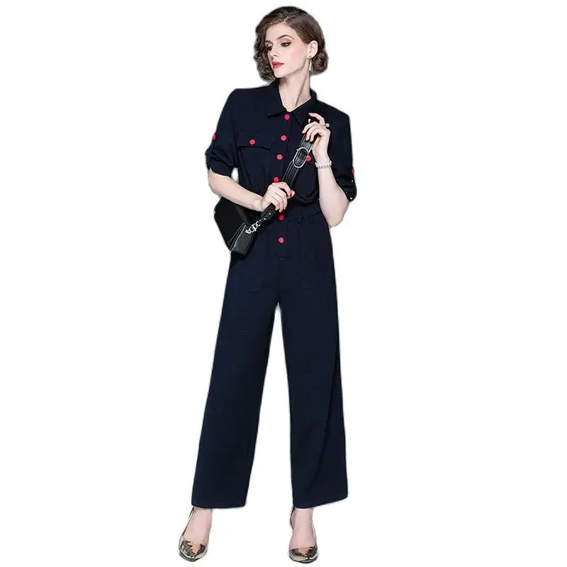 Women's 2024 autumn new fashion lapel cropped sleeves autumn section jumpsuit