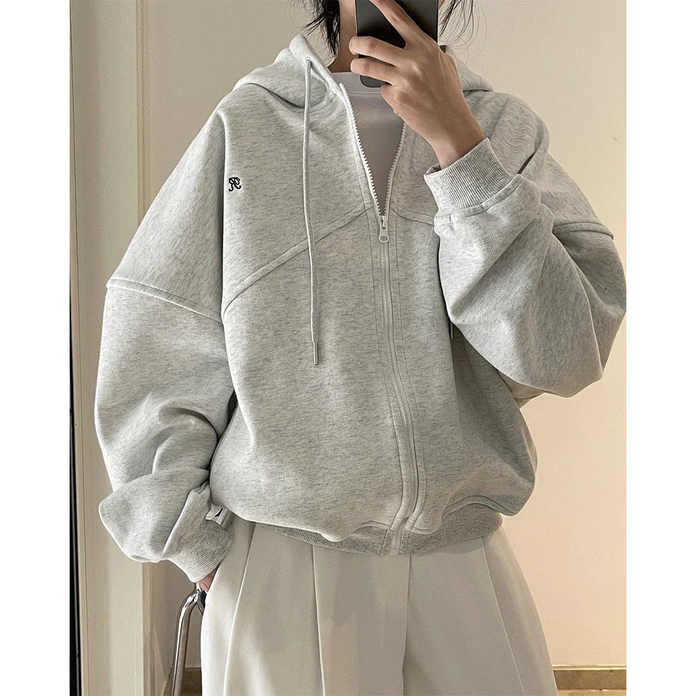 Casual Sporty Letter Hoodie Zipper Cardigan Loose Coat Top Women