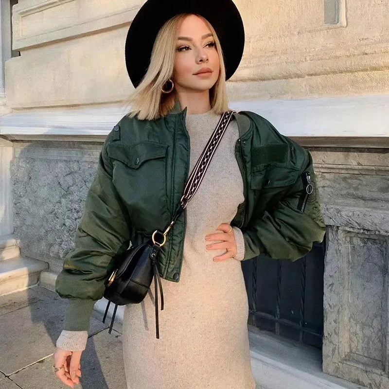 2024 stylish lady autumn winter merodi  green short jackets women fashion long sleeve zipper bomber jacket outwear women's coat